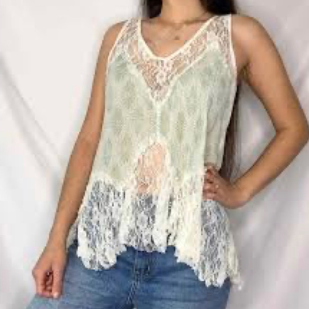 FREE PEOPLE lacy tank top cream with pale green size large